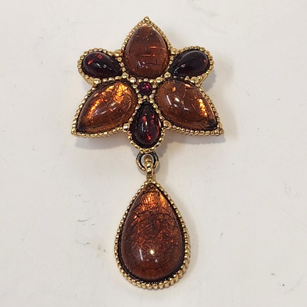 Amber Brown Tone Faux Stone Cluster Brooch Pendant Gold Tone Dangle Teardrop